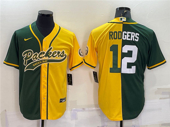 Men's Green Bay Packers #12 Aaron Rodgers Green/Yellow Split With Patch Cool Base Stitched Baseball Jersey